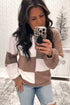 Colorblock Checkered Raw Seamed Ribbed Round Neck Top
